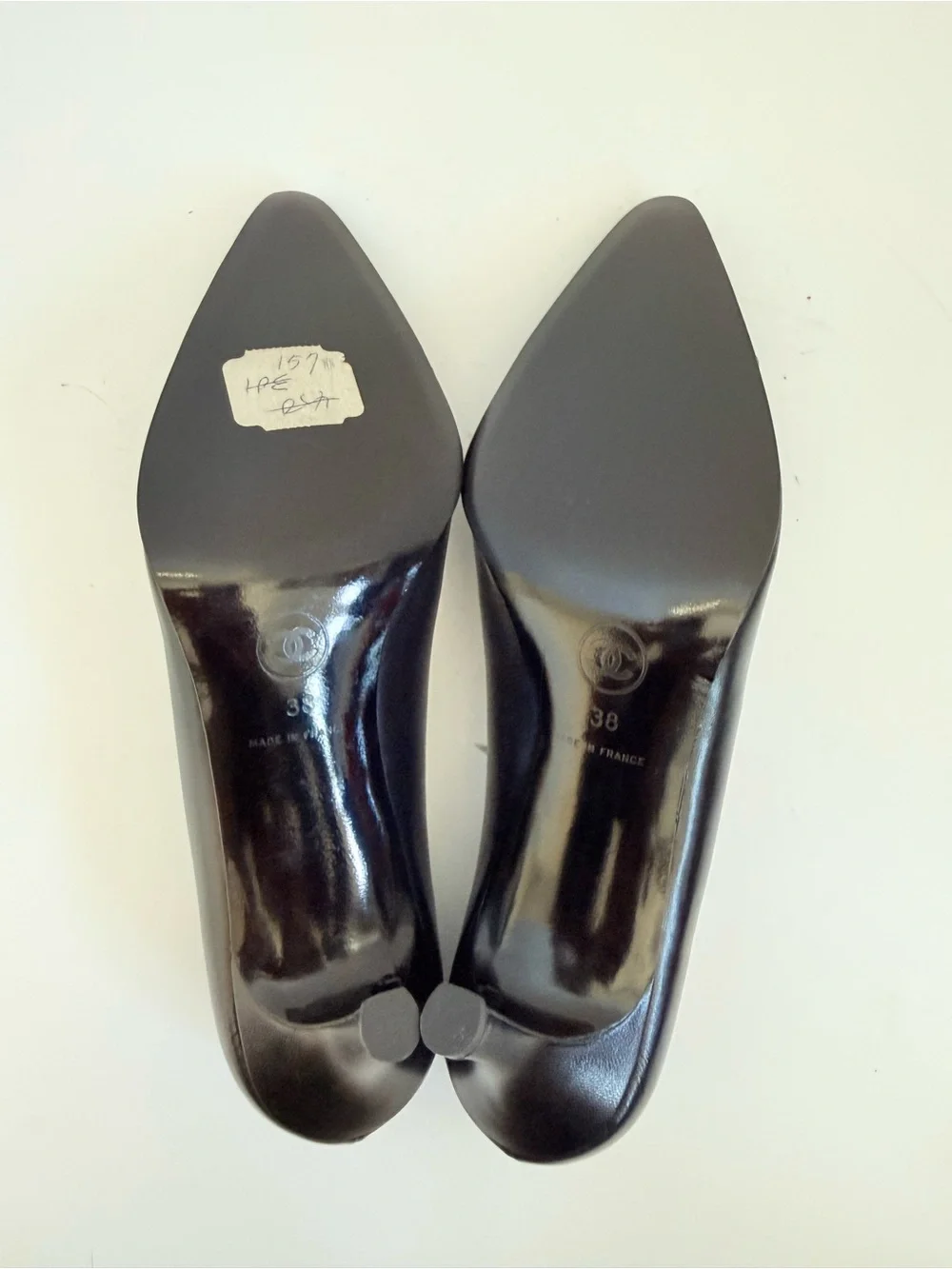 Vintage CHANEL 1990s CC Patent Cap Toe Black Leather Pumps 38 New